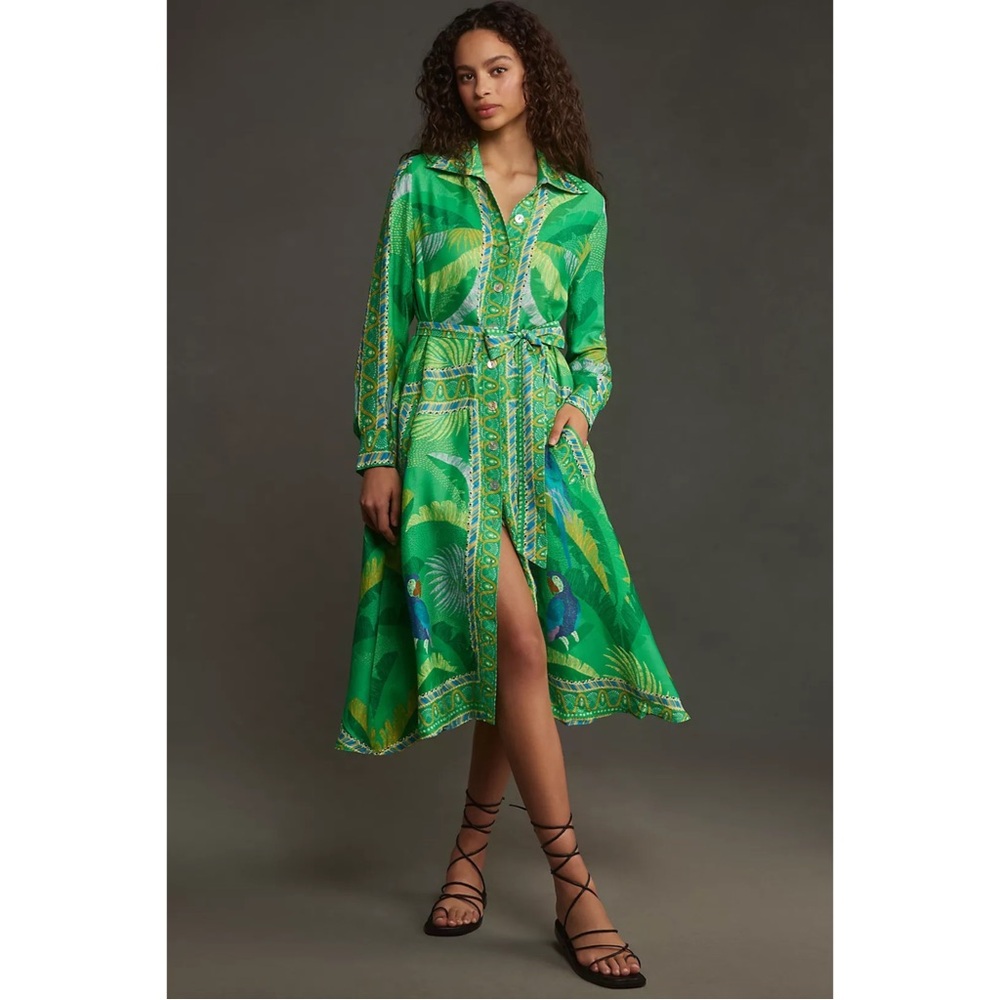 FARM Rio Green Tropical Button-Front Midi Dress